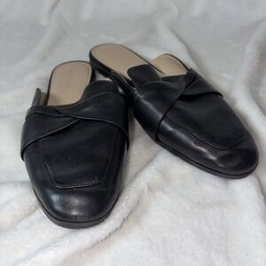 Essex Lane Louisa Black Leather Twisted Knot Mules - Soft Square Toe Flat 8 1/2M